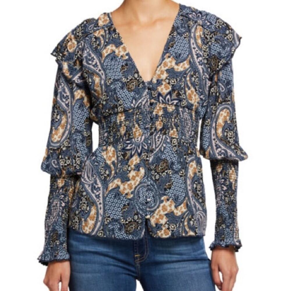 Walter Baker Kylie Blouse Shirt Puff Sleeve Batik Paisley Print Blue XS $158
